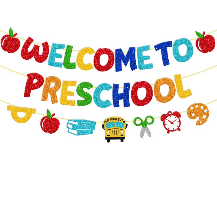 Welcome to Preschool Banner First Day of Preschool Decorations for Classroom Party Apple Ruler School Bus Scissors Alarm Clock Drawing Board Sign Party Supplies : Amazon.com.au: Toys & Games